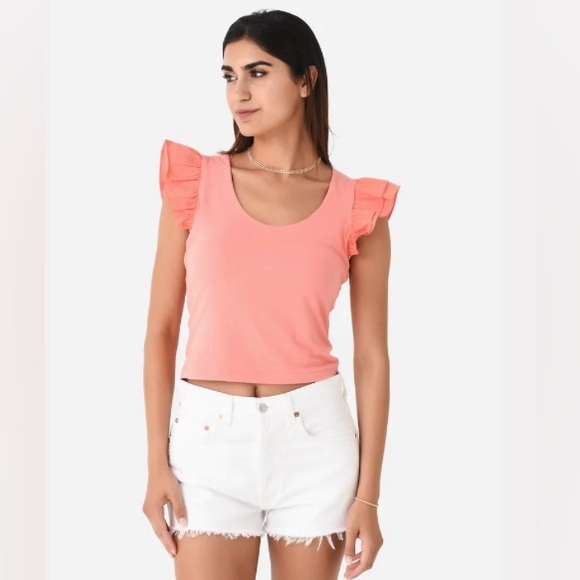 English Factory Tops - English Factory Salmon Ruffle Sleeve Scoop Neck Top